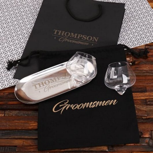 Stainless Steel Bar Tray with Two Whiskey Glasses (Front)