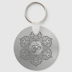 Stainless Steel Effect Floral Aum Graphic Keychain