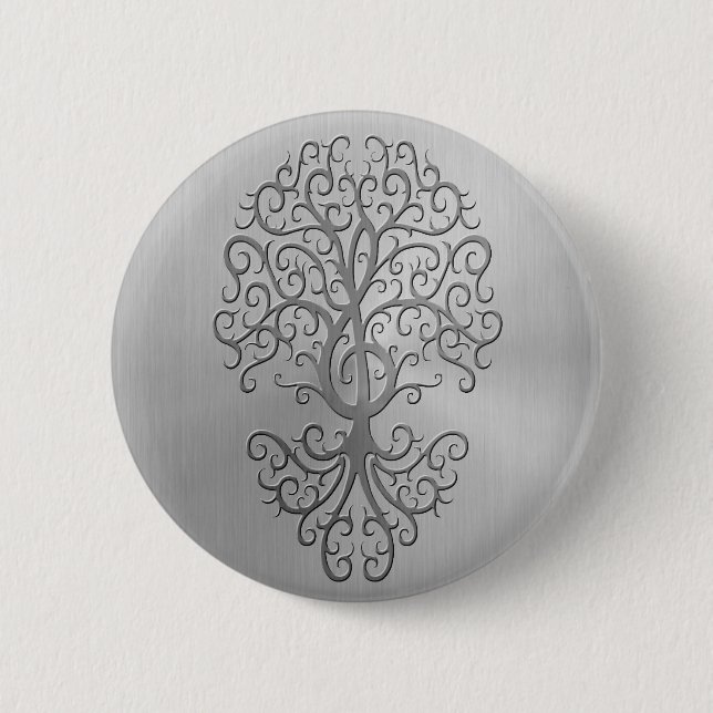 Stainless Steel Effect Treble Clef Tree Graphic Pinback Button (Front)