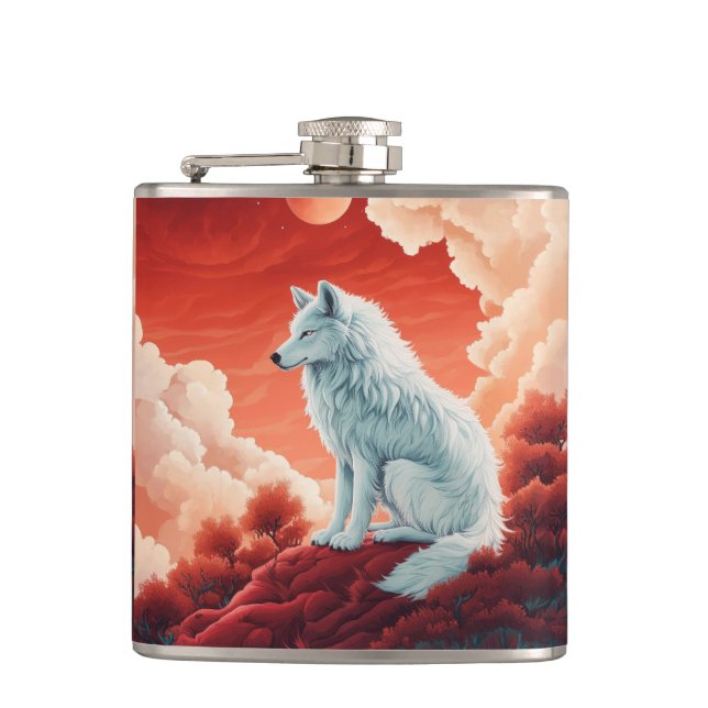 stainless steel flat man with mystical wolf flask (Front)