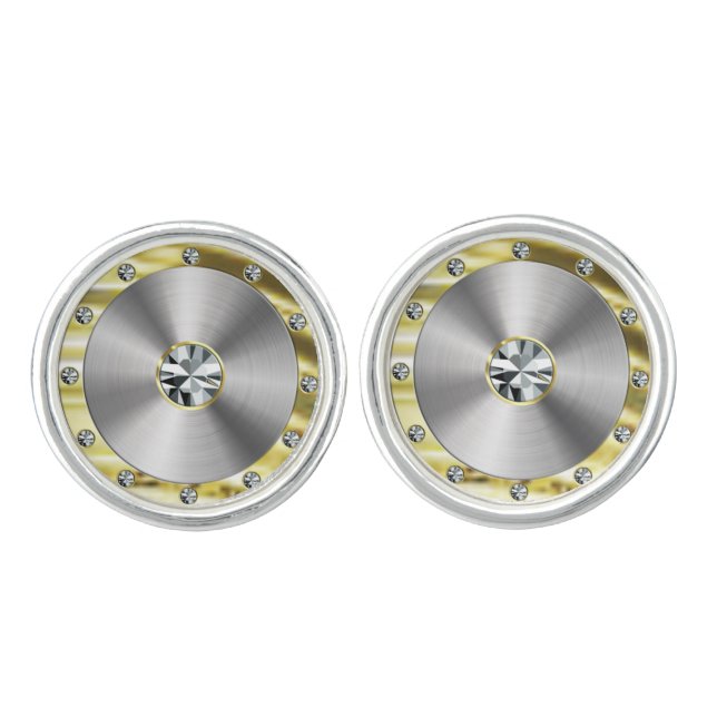 Stainless Steel, Gold & Diamonds Look Cufflinks (Front)