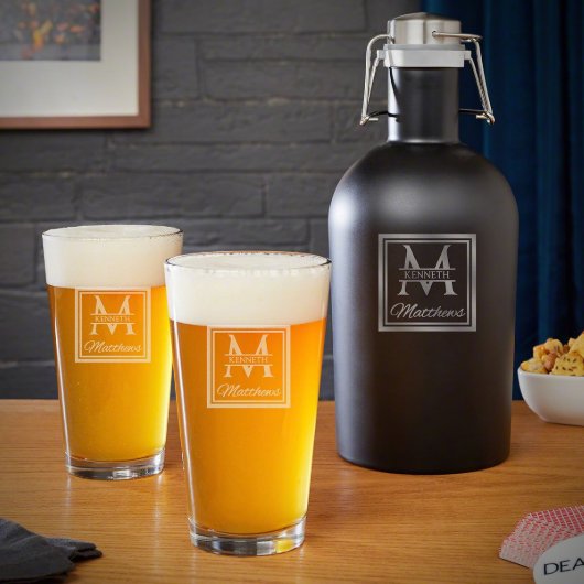 Stainless Steel Growler w/ Engraved Beer Glasses (Front)