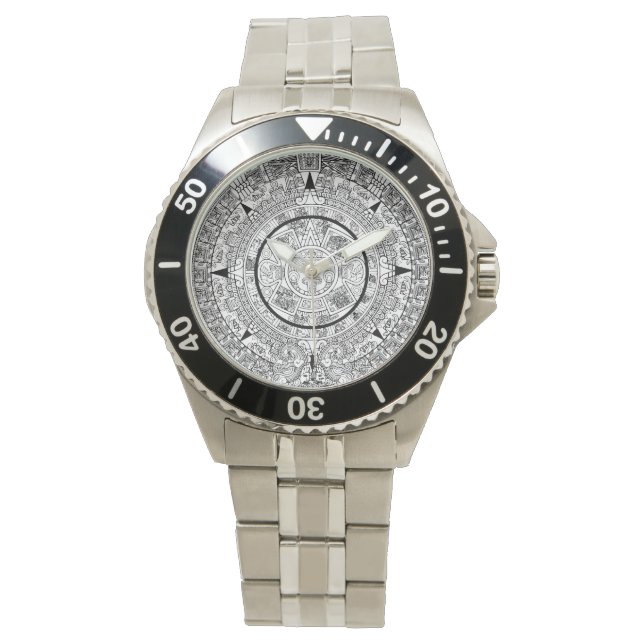 Stainless Steel Men's Watch With Aztec Calendar (Front)
