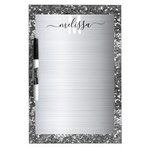 Stainless Steel Silver Metal Glitter Monogram Dry Erase Board