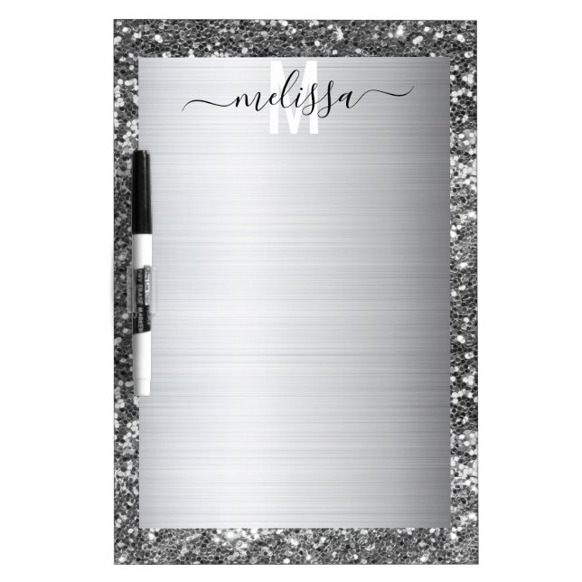 Stainless Steel Silver Metal Glitter Monogram Dry Erase Board (Front)