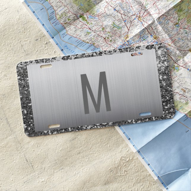 Stainless Steel Silver Metal Glitter Monogram License Plate (In Situ)