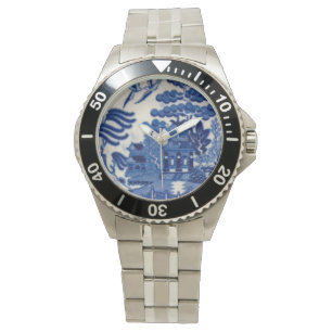 Stainless steel watch with Blue Willow face