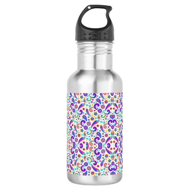 Stainless steel water bottle with a black cap (Front)