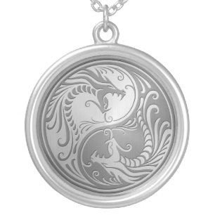 Stainless Steel Yin Yang Dragons Silver Plated Necklace