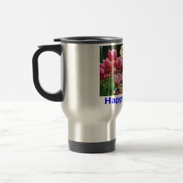 stainless travel mug.  Happy Easter.  alpaca/bunny Travel Mug (Left)