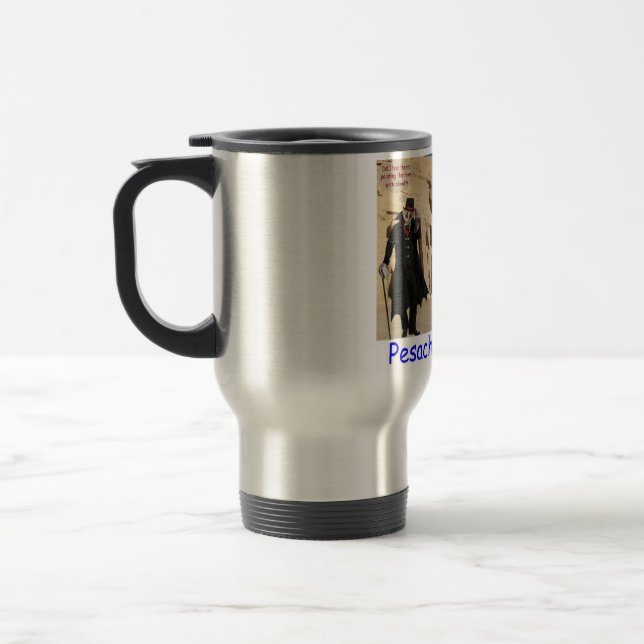 stainless travel mug.  Happy Passover.  loris/monk Mug (Left)