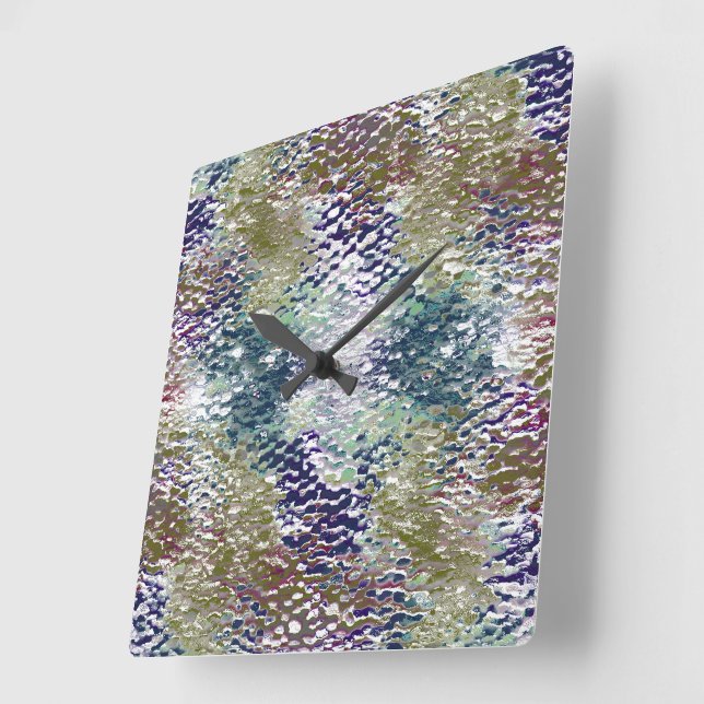 Stains and splatters of paint under hammered glass square wall clock (Angle)