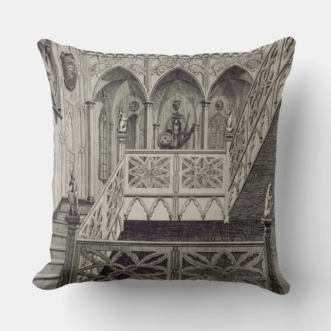 Staircase at Strawberry Hill, engraved by J. Newto Throw Pillow (Front)
