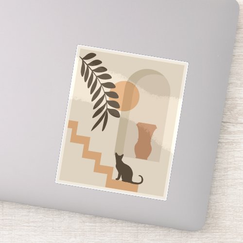Stairs Leaf Vase Cat, Boho Abstract Geometric Art Sticker