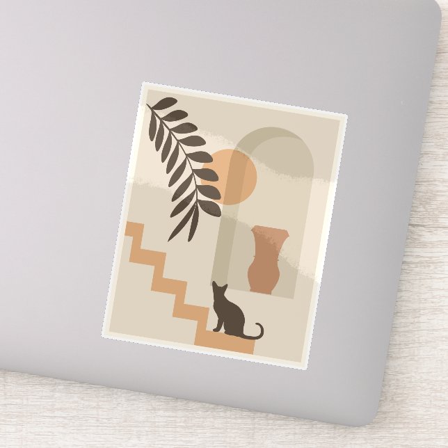 Stairs Leaf Vase Cat, Boho Abstract Geometric Art Sticker (Detail)