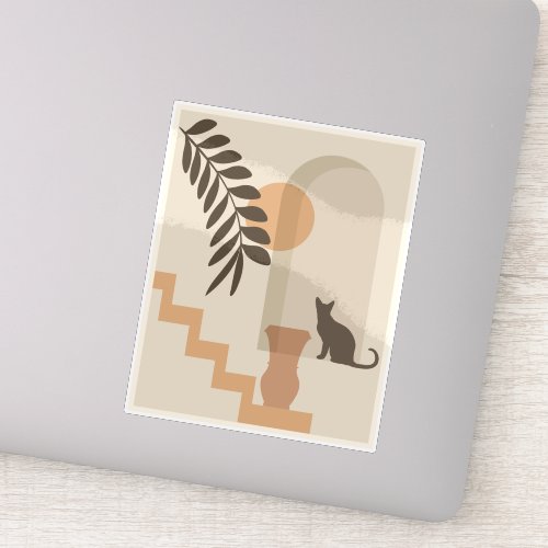 Stairs Leaf Vase Cat, Boho Abstract Geometric Art Sticker
