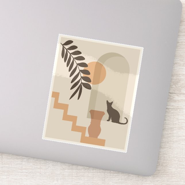 Stairs Leaf Vase Cat, Boho Abstract Geometric Art Sticker (Detail)