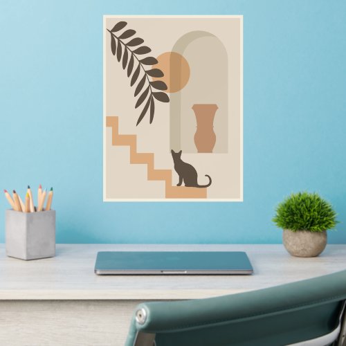 Stairs Leaf Vase Cat, Boho Abstract Geometric Art Wall Decal