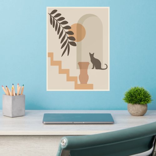 Stairs Leaf Vase Cat, Boho Abstract Geometric Art Wall Decal