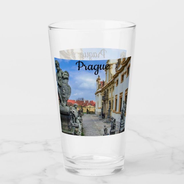 Stairs with stone angels at Loreto Prague church Glass (Front)