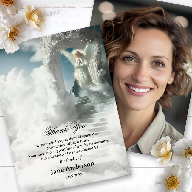 Stairway to Heaven Angel Sympathy Photo Thank You Card (Memorial or funeral Thank You card featuring a stairway to heaven with an angel and a custom photo)