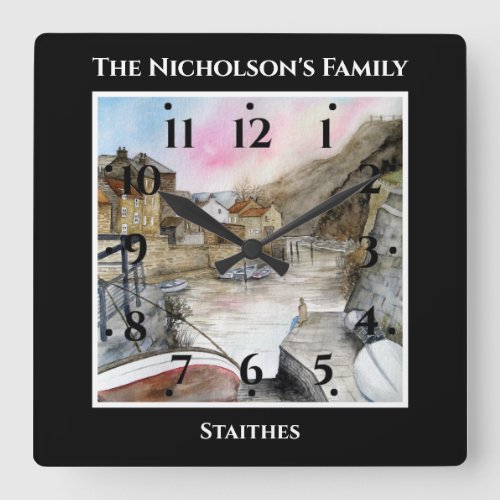 Staithes North Yorkshire England Watercolor Black Square Wall Clock
