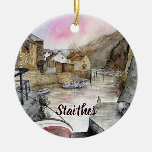Staithes North Yorkshire England Watercolour Ceramic Ornament