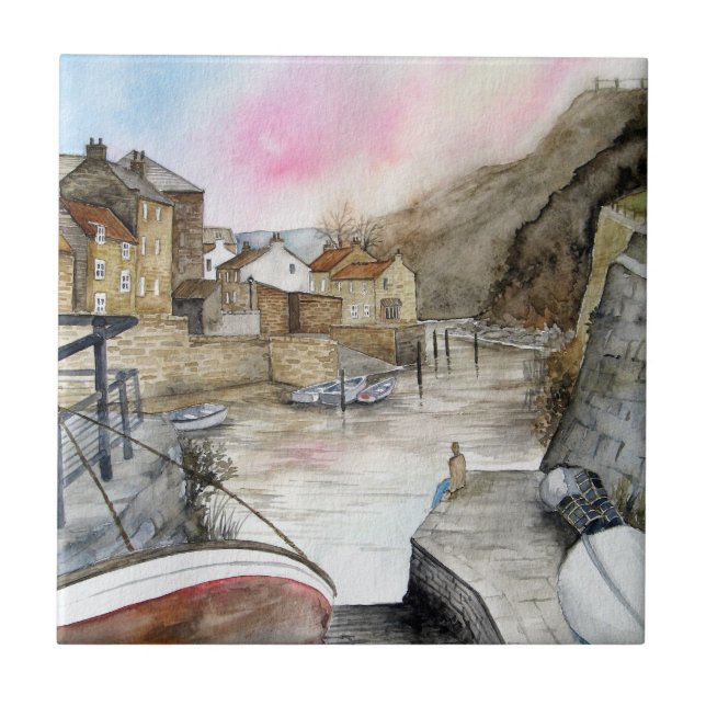 Staithes, North Yorkshire, England Watercolour Ceramic Tile (Front)
