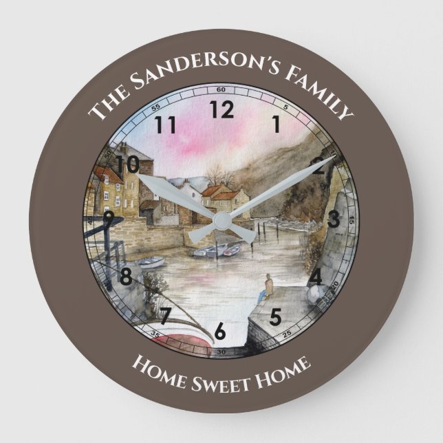 Staithes, North Yorkshire, England Watercolour Lar Large Clock (Front)
