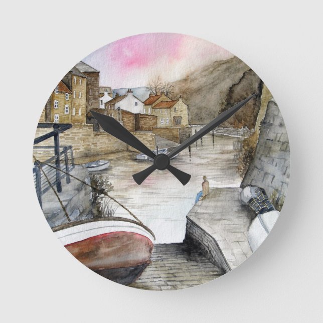 Staithes, North Yorkshire, England Watercolour Round Clock (Front)