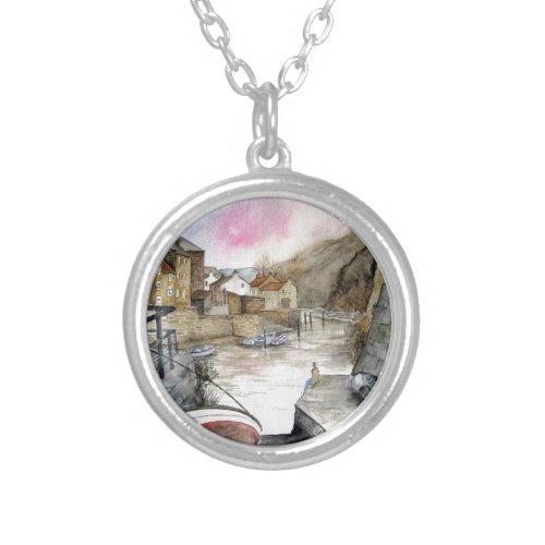 Staithes North Yorkshire England Watercolour Silver Plated Necklace