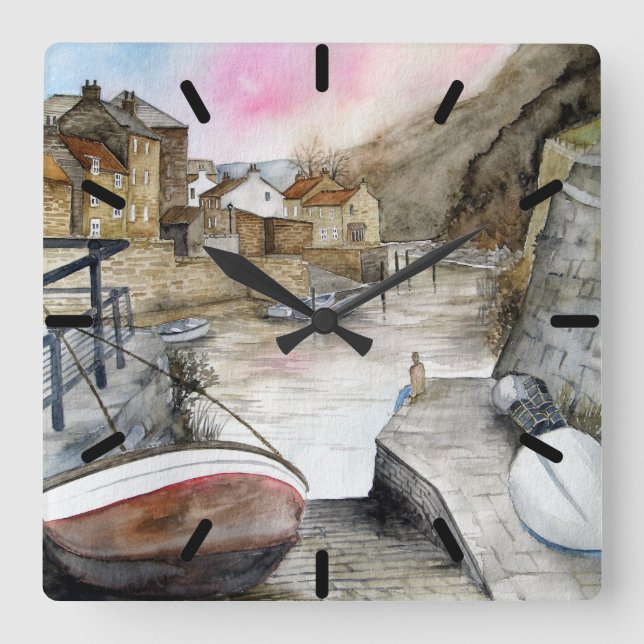 Staithes, North Yorkshire, England Watercolour Square Wall Clock (Front)