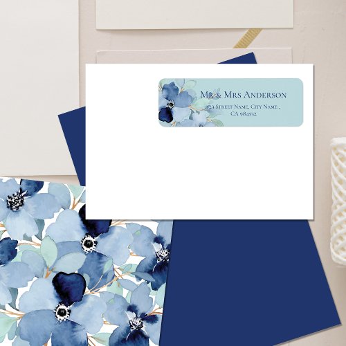 Stale Blue Minimalist Floral Wedding Address Label