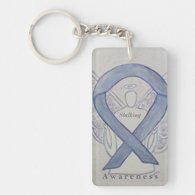 Stalking Awareness Ribbon Silver Angel Keychains (Front)