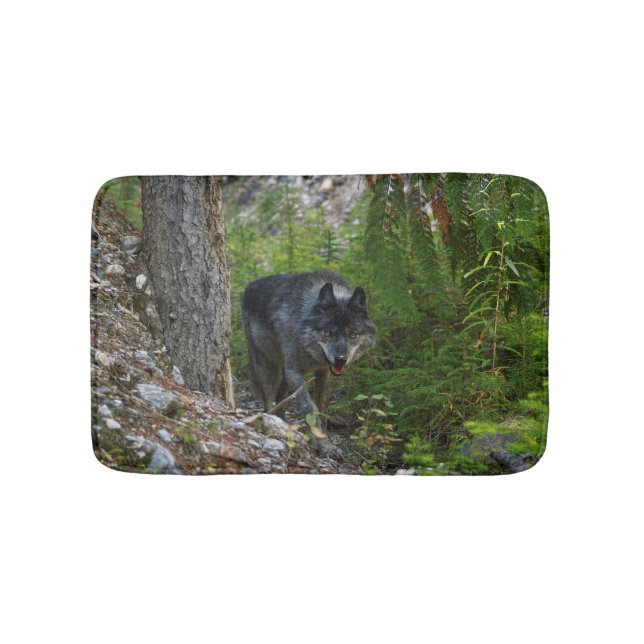 Stalking Grey Wolf and Wilderness Forest Bathroom Mat (Front)