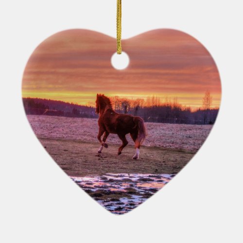 Stallion Running Home at Sunset on Ranch Ceramic Ornament