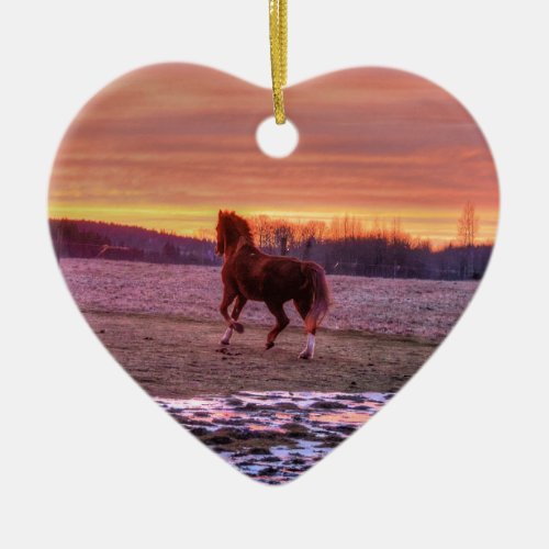 Stallion Running Home at Sunset on Ranch Ceramic Ornament