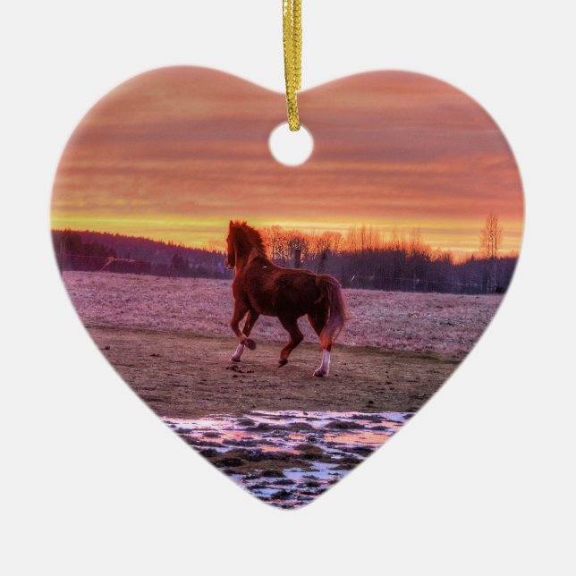 Stallion Running Home at Sunset on Ranch Ceramic Ornament (Front)