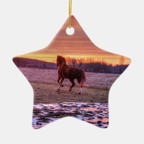 Stallion Running Home at Sunset on Ranch Ceramic Ornament