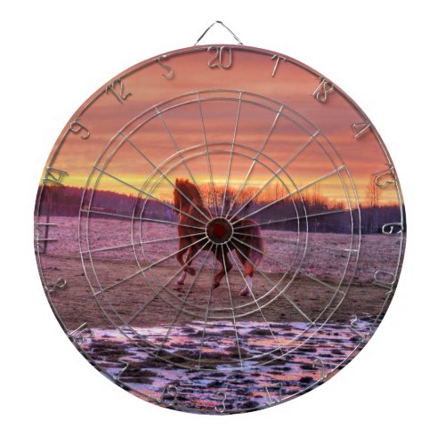 Stallion Running Home at Sunset on Ranch Dartboard With Darts