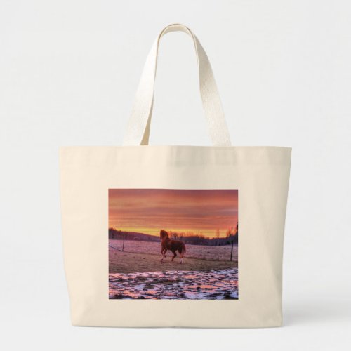 Stallion Running Home at Sunset on Ranch Large Tote Bag