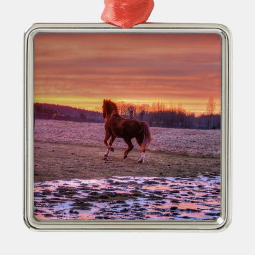 Stallion Running Home at Sunset on Ranch Metal Ornament