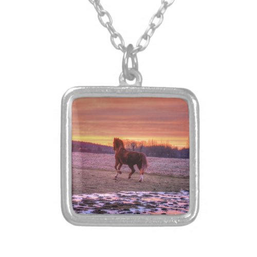 Stallion Running Home at Sunset on Ranch Silver Plated Necklace