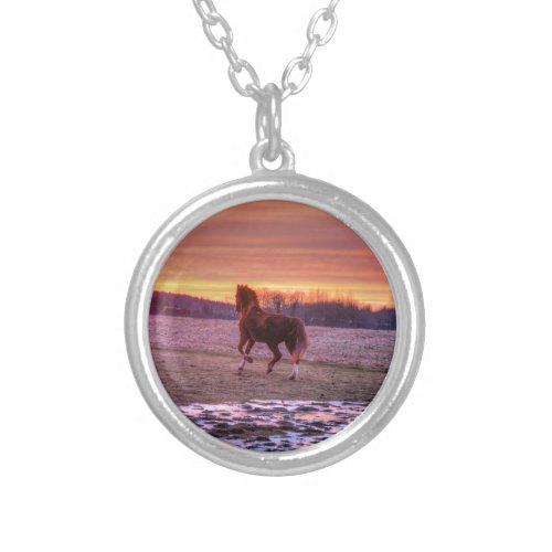 Stallion Running Home at Sunset on Ranch Silver Plated Necklace