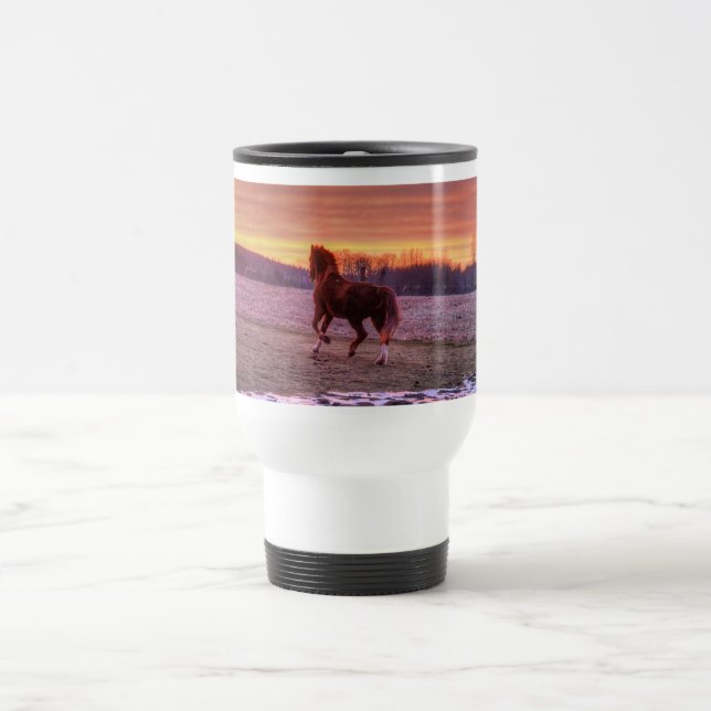 Stallion Running Home at Sunset on Ranch Travel Mug (Center)