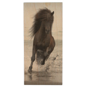 Stallion Running On Beach   North Atlantic Wood USB Flash Drive