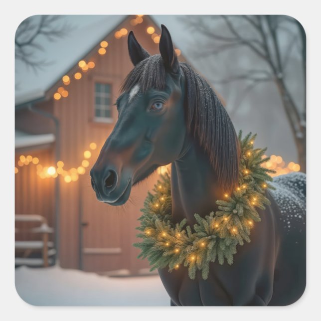 Stallion With Christmas Wreath Square Sticker (Front)