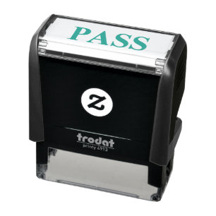 STAMP. GREEN TEXT, BLACK BACKING. 'PASS' SELF-INKING STAMP