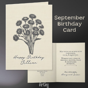Stamped Aster September Birth Flower Linen Card