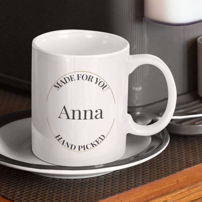 Stamped & Centered Coffee Mug (White mug featuring oval stamp design with Made for You and Handpicked in fine lettering.)
